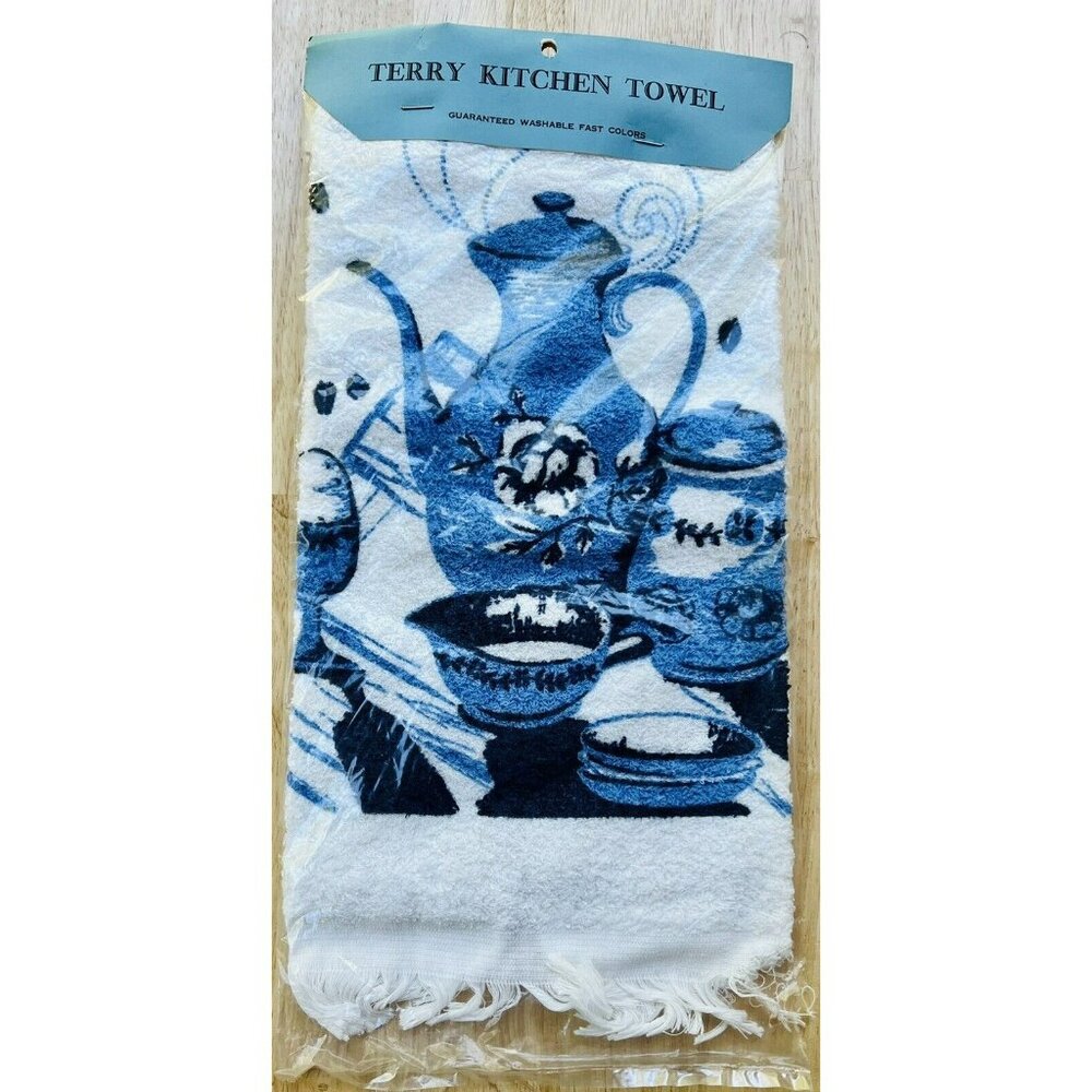 Vintage Hand Printed Kitchen Towel Bestex Blue White Teapot Breakfast USA Made